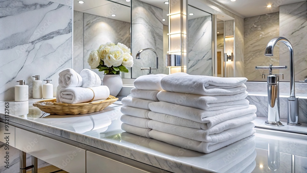 Wall mural freshly laundered white hotel towels piled high on a luxurious bathroom counter, surrounded by sleek