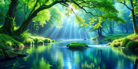 Obraz premium Sunbeams Through The Canopy, River Reflection, Lush Forest, Green, Nature, Water, Sun