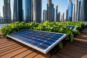 Fototapeta premium Urban rooftop gardens with solar panels, illustrating sustainable living