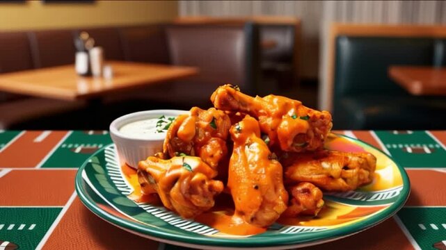 Crispy buffalo chicken wings with a side of blue cheese dressing, sitting on a colorful ceramic plate with a subtle sports bar texture, surrounded by a blurred casual restaurant background