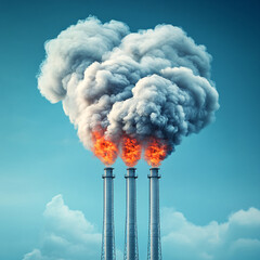 Three tall smokestacks spewing smoke into the sky. The smoke is orange and yellow, creating a sense of danger and urgency