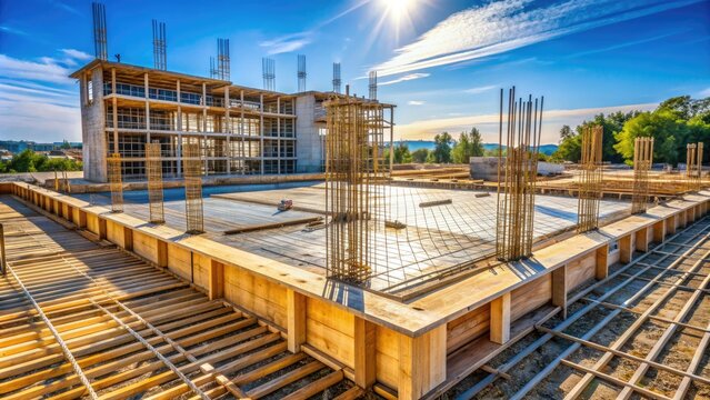 Freshly poured concrete foundation of a new building, with steel reinforcement bars and wooden formwork, on a sunny construction site with a blue sky background.