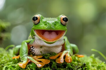 A close up of a frog with its mouth open