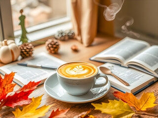 Morning mood with coffee cup fall colorful leaves by the window on autumn day. Idyllic tranquil relaxing background, inspirational, meditation start the day in a good mood concept design. AI generated