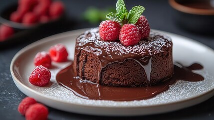 decadent chocolate lava cake with molten center oozing onto pristine white plate fresh raspberries and mint garnish dusting of powdered sugar catching the light