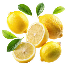 Floating Fresh Lemons with Slices and Leaves on a Transparent Background
