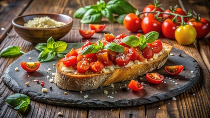Freshly toasted Italian bread slice topped with diced vine-ripened tomatoes, fragrant basil leaves, and a sprinkle of Parmesan cheese, surrounded by rustic kitchen utensils.