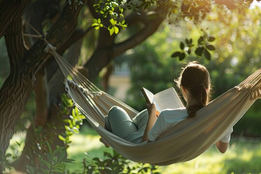 serene afternoon, person lounging in a hammock under a tree, book in hand, no visible hands, peaceful garden background - Powered by Adobe