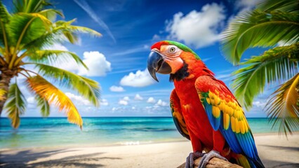 Tropical Paradise A Vibrant Macaw on a Palm Tree Beach, Palm Trees, Tropical Bird, Beach Escape, Caribbean Paradise