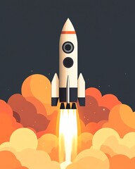 Fototapeta premium A white rocket ship taking off into the sky with flames and smoke.