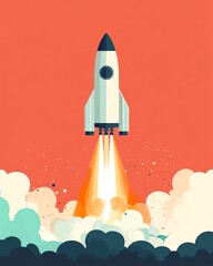 Fototapeta premium A white rocket ship taking off into the sky with flames and smoke.