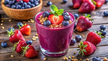 Fresh mixed berry smoothie with blueberries, strawberries, and raspberries blending into a vibrant purple hue, topped with a sprinkle of granola and a few fresh berries.