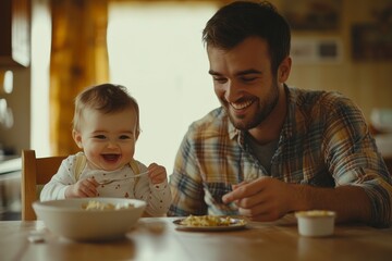 A father is feeding his toddler. A man sits at the table in the kitchen and smiles while feeding a baby with a spoon.