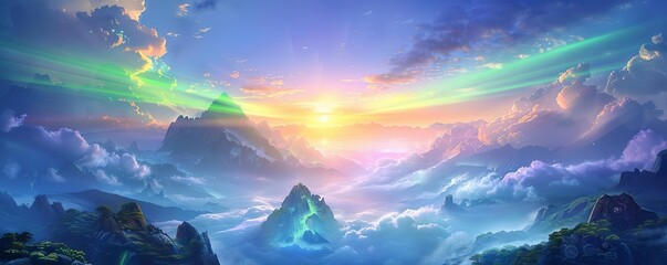Vibrant sunrise over a majestic mountain range, clouds create a mystical atmosphere.