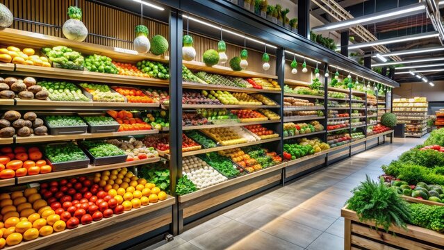 Fresh produce and packaged goods fill the shelves of a modern supermarket, offering a wide variety of healthy and convenient food options for customers.