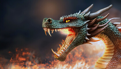 Fiery Dragon with Open Mouth and Yellow Eyes