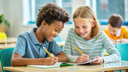 Friendly classmate assisting peer with homework at a desk, both smiling and engaged in a supportive and collaborative learning environment.