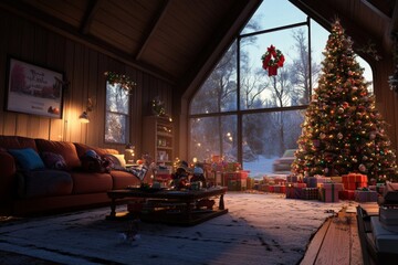 A cozy living room adorned with a Christmas tree and gifts, featuring large windows that reveal a serene snowfall outside, creating a warm and festive holiday ambiance.