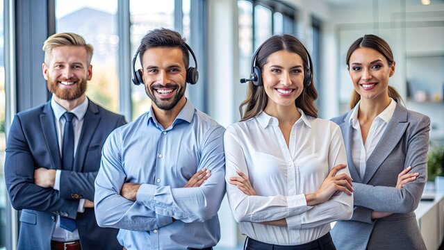 Friendly customer service representatives stand together, smiling, with arms crossed, conveying a sense of teamwork, approachability, and readiness to assist in a modern office setting.