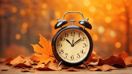 Retro alarm clock on the autumn background, concept of time passing and seasons changing