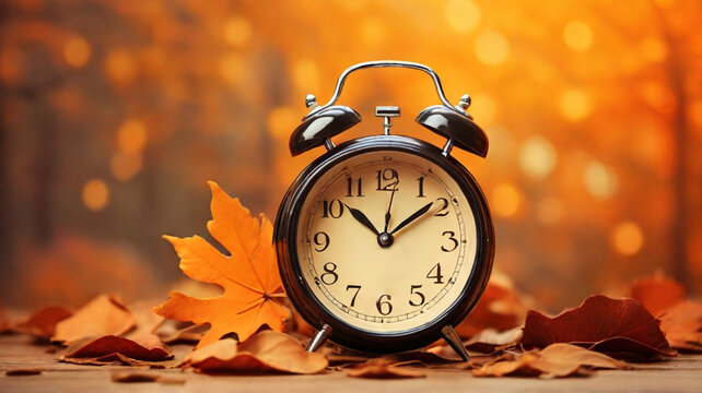 Retro alarm clock on the autumn background, concept of time passing and seasons changing