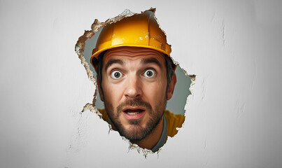 Junger Bauarbeiter schaut erschrocken durch ein Loch in der Wand