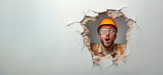 Junger Bauarbeiter schaut erschrocken durch ein Loch in der Wand