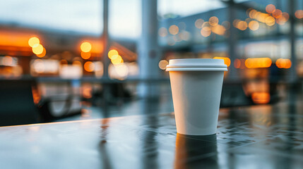 Mock up white paper coffee cup on a table in an airport or station, capturing the tranquil moment against a backdrop of vibrant evening lights. Copy space