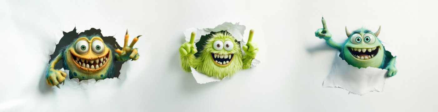 Monster strecken den Kopf durch ein Loch in wei&szlig;er Wand