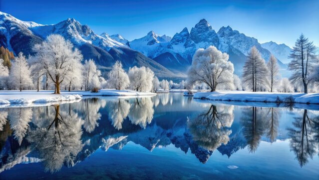 Frozen earth landscape with icy trees and snow-covered mountains, reflecting serene blue sky, evoking a sense of winter's peaceful stillness and untouched natural beauty.