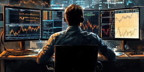 Fototapeta premium Trader analyzing market data in a modern office at night