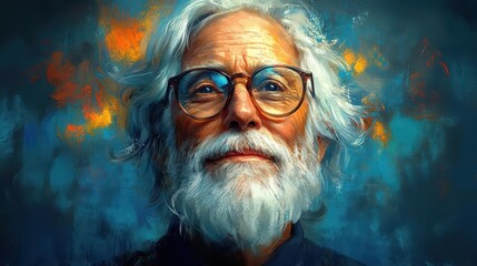 digital painting of wise elder kind wrinkled face twinkling eyes behind glasses saltandpepper beard warm smile soft lighting textured brushstrokes character portrait