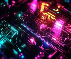 Colorful circuits illuminate a futuristic sci-fi landscape