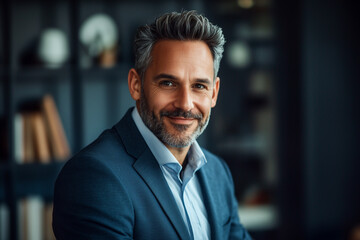 Fototapeta premium happy, portrait of a businessman in his 40s, looking at the camera, random clothes. modern style
