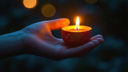 Close-up of a hand holding a candle during a vigil to commemorate International Human Rights Day. Warm light with a dark, out-of-focus background