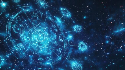 Mysterious night sky with glowing zodiac signs
