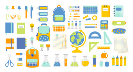 School supplies cute cartoon flat set. Back to school. Office and art supplies isolated on white background.