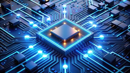 Futuristic circuit board with glowing blue microchips and wires, representing the intersection of artificial intelligence and advanced computer technology.
