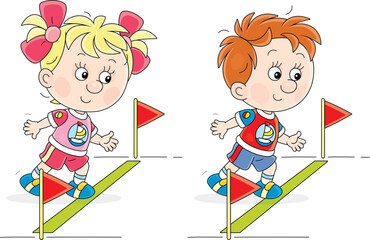 Funny little boy and girl before start of a race during physical education class at elementary school or kindergarten, vector illustration isolated on a white background