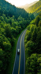 A car is driving down a road surrounded by trees. The road is wide and the trees are lush and green. The car is a black sedan and it is driving down the road in the middle of the forest