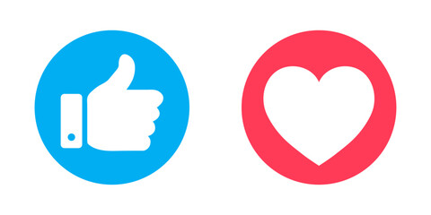 Thumbs up and heart vector icon set in blue and red color. Like and love heart icon button. Vector illustration. Vector illustration. 