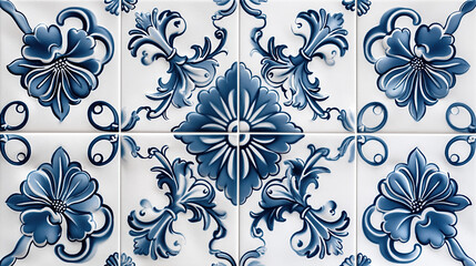 Decorative blue and white ceramic tiles with intricate floral and scroll designs, arranged in a symmetrical grid, showcasing a classic and elegant aesthetic for interior decor.