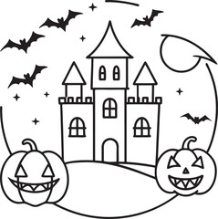 Halloween Vector Art: Monochrome Line Drawing on White Background