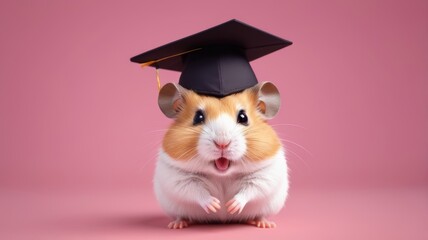 A small hamster wearing a graduation cap, symbolizing academic achievement and intelligence in a playful manner.