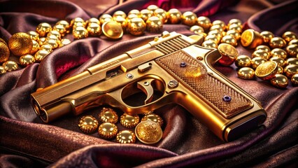 Glinting golden pistol lies on a rich velvet cloth, surrounded by scattered precious coins and jewels, evoking a sense of luxury and high-stakes power.