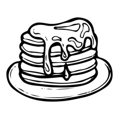 Stack of pancakes hand drawn doodle. Breakfast food. Pastry on plate. Bakery. Maple syrup. Sweet snack. Culinary product. Vector sketch line art illustration.