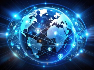 Fototapeta premium Global digital marketing concepts illustrated in a virtual globe shape, featuring website ads, email, social networks, SEO, video, and mobile apps, with blue light waves.