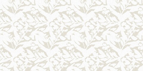 Seamless french gender neutral floral linen printed fabric border background. Light mottled white on grey cottage core block print pattern. Shabby chic woven duotone cloth effect. 