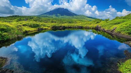 Naklejka premium Volcanic landscape featuring a dormant volcano surrounded by lush greenery with a serene lava lake reflecting the sky