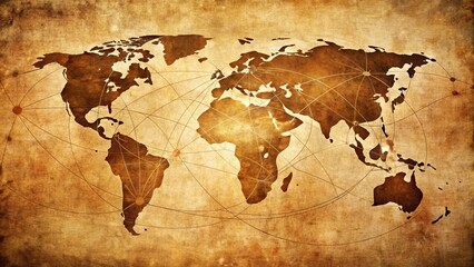 Global network of lines and points on a vintage map, representing connectivity, travel, and exploration, with a subtle distressed texture and warm color tone.